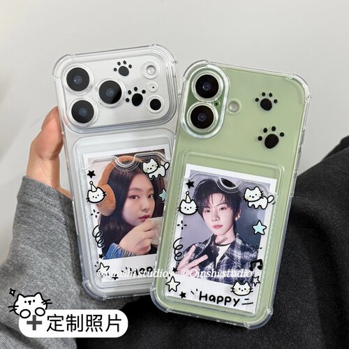 勤仕 可爱小猫相框卡包适用苹果17promax手机壳iPhone16定制DIY打印放照片15情侣14小卡套13透明防摔软硅胶女