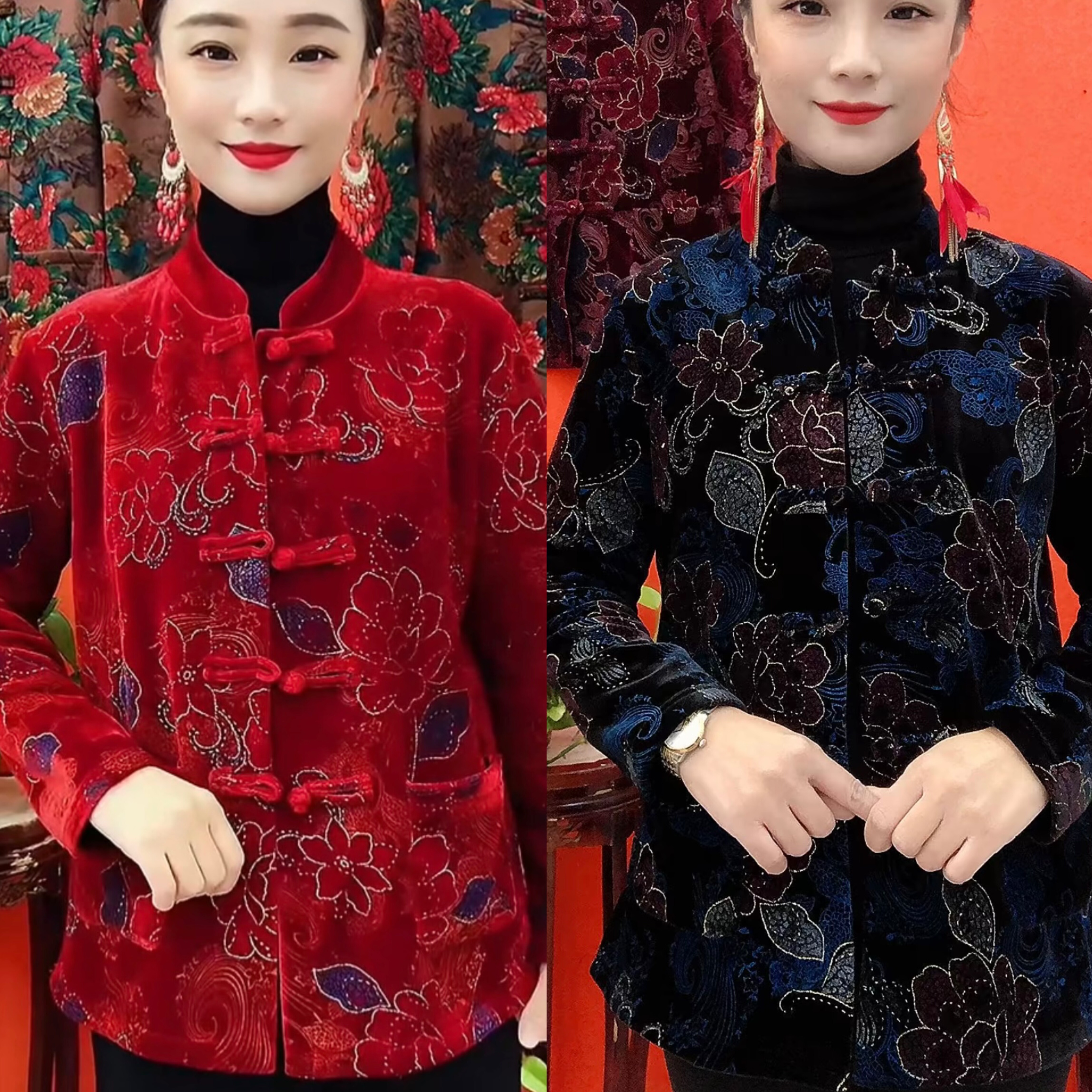 秋冬加绒女士花色盘扣国风开衫潮