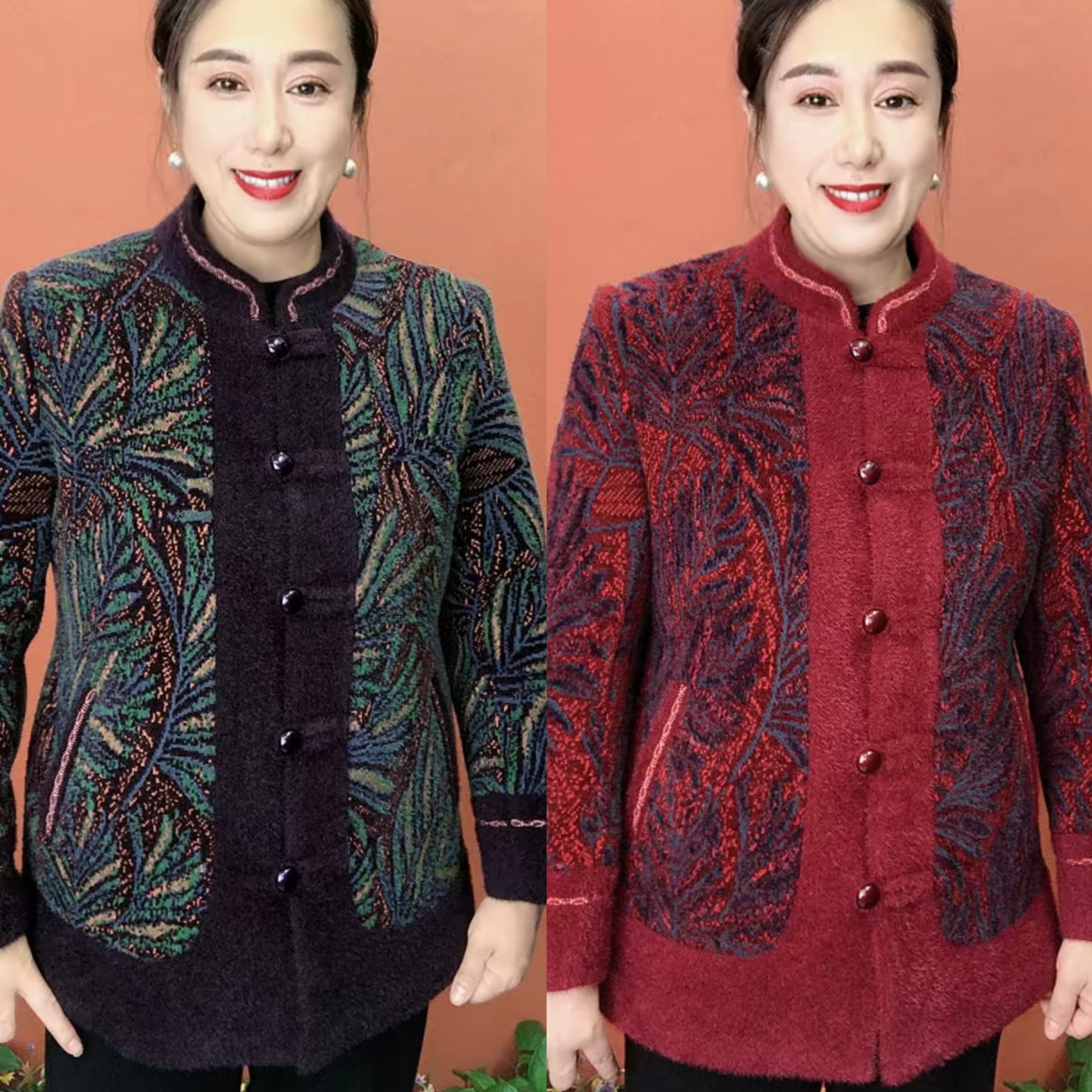 秋冬加绒保暖盘扣花色外套女上衣