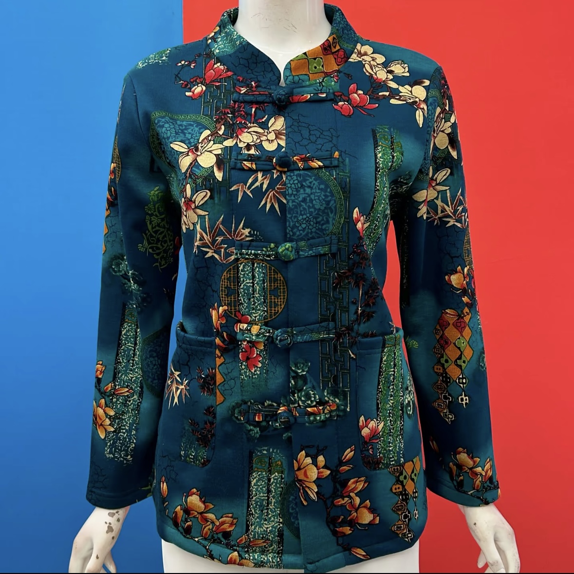 秋冬加绒女士花色盘扣国风开衫潮