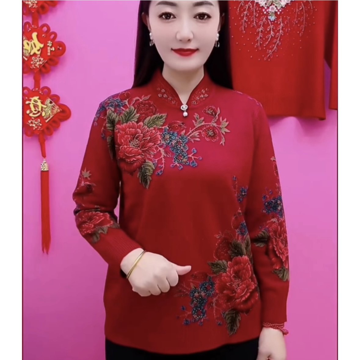 秋冬新款女士牡丹花针织毛衣时尚高档中老年妈妈装盘扣花色小衫潮,女装/女士精品,中老年女装,淘宝优惠券,粉丝福利购,淘宝优惠卷