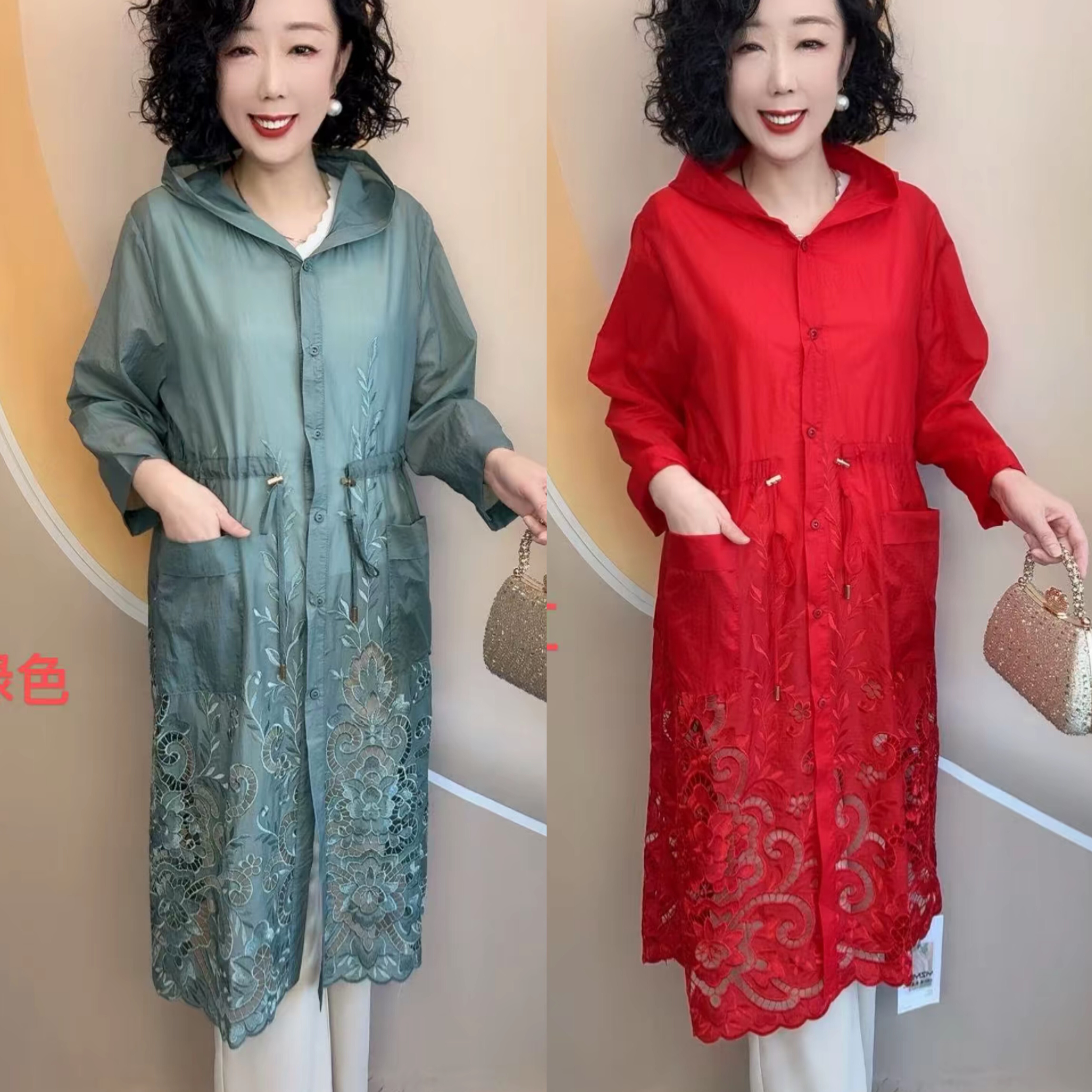 中年妈妈装风衣外套女2026新款中长款宽松镂空刺绣中长款防晒衣潮