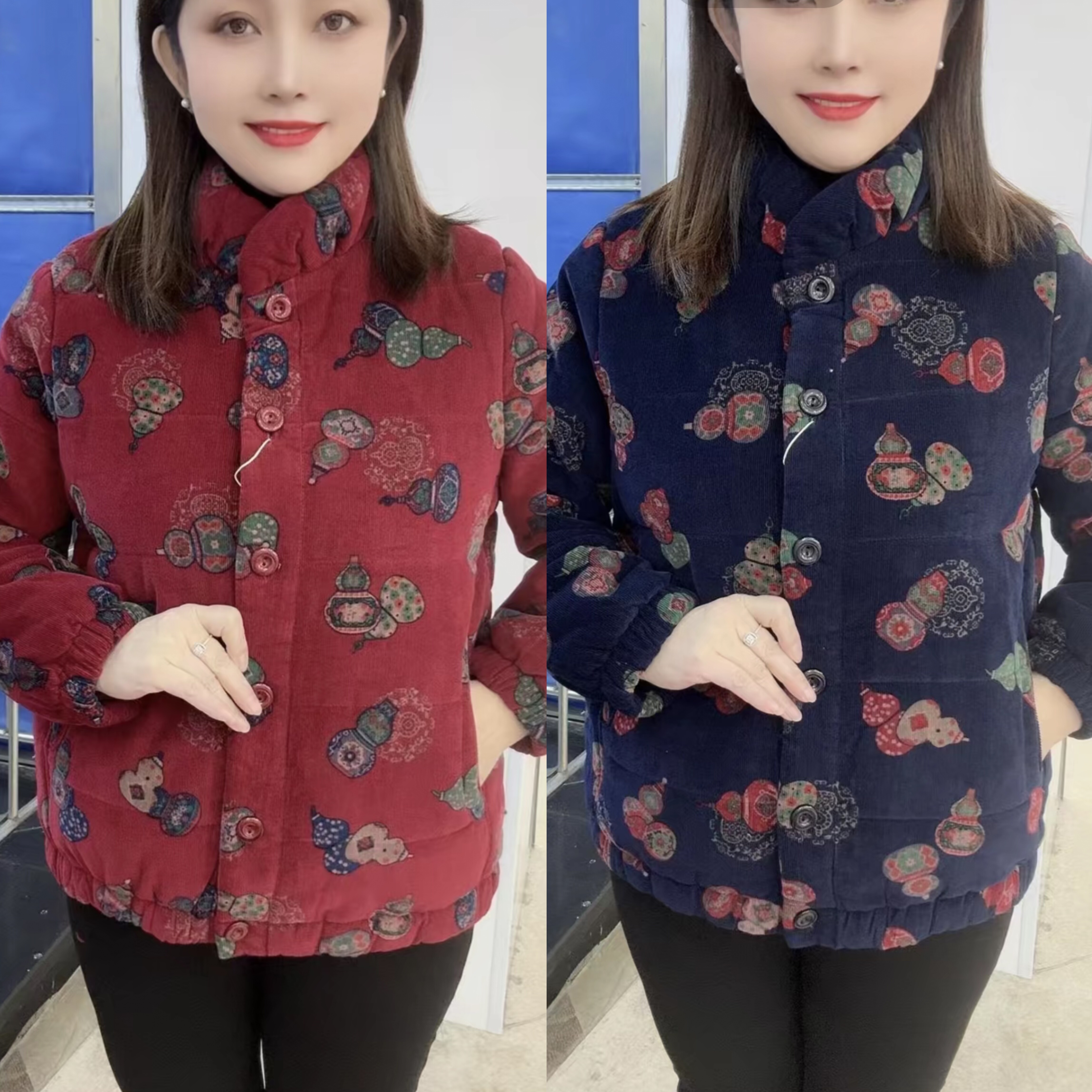 秋冬新款女士加绒保暖棉衣时尚洋气高档中老年妈妈装立领长袖外套