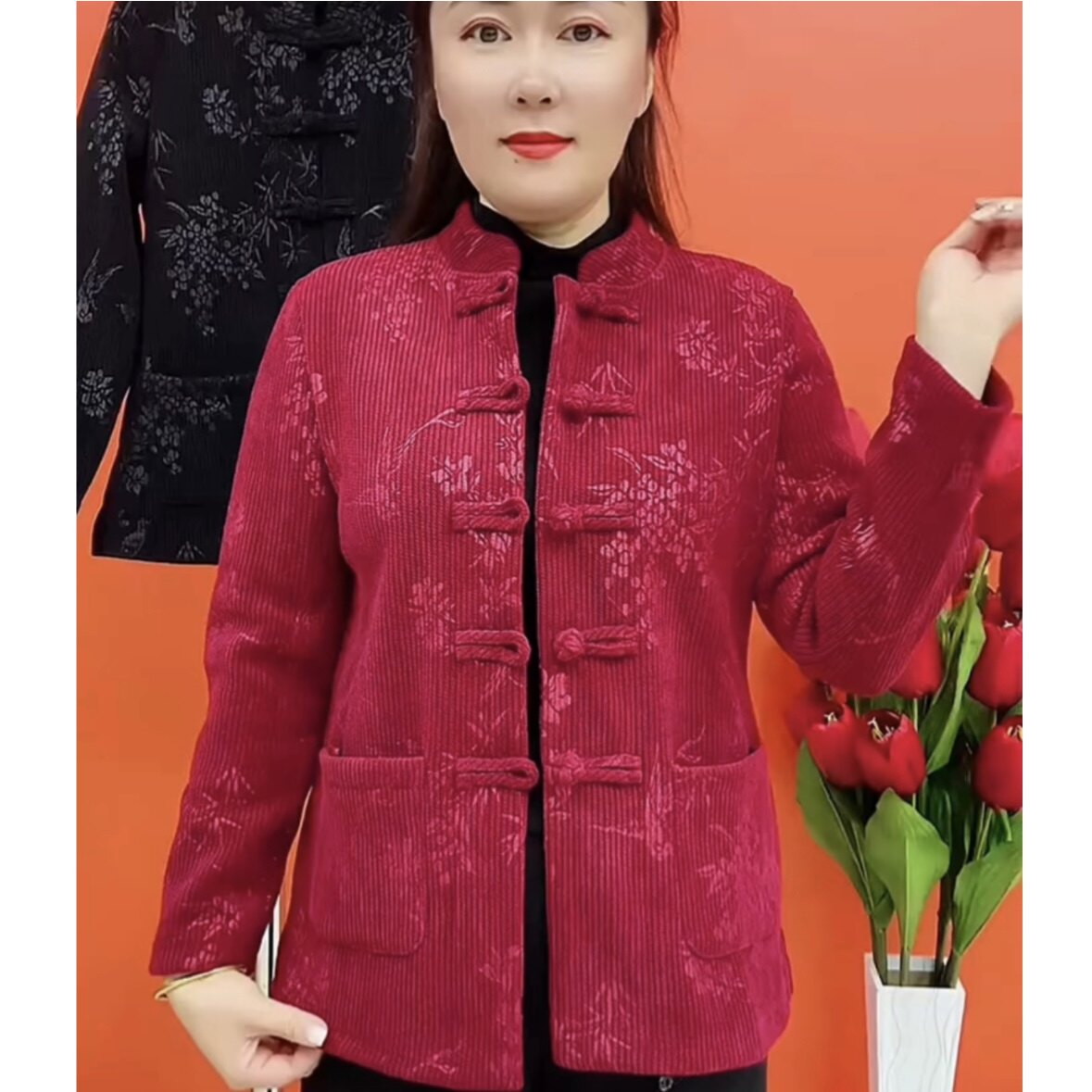 秋冬新款女士立领加绒保暖外套中老年妈妈装小衫洋气上衣盘扣开衫