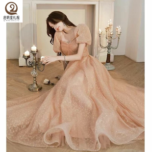 高端大码晚礼服2024新款卡其色蓬蓬裙主持人艺考仙气系带长款亮片