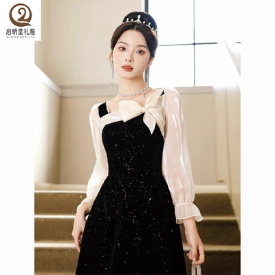 年会丝绒礼服裙女高端轻奢小个子晚宴艺考主持人黑色高级感赫本风