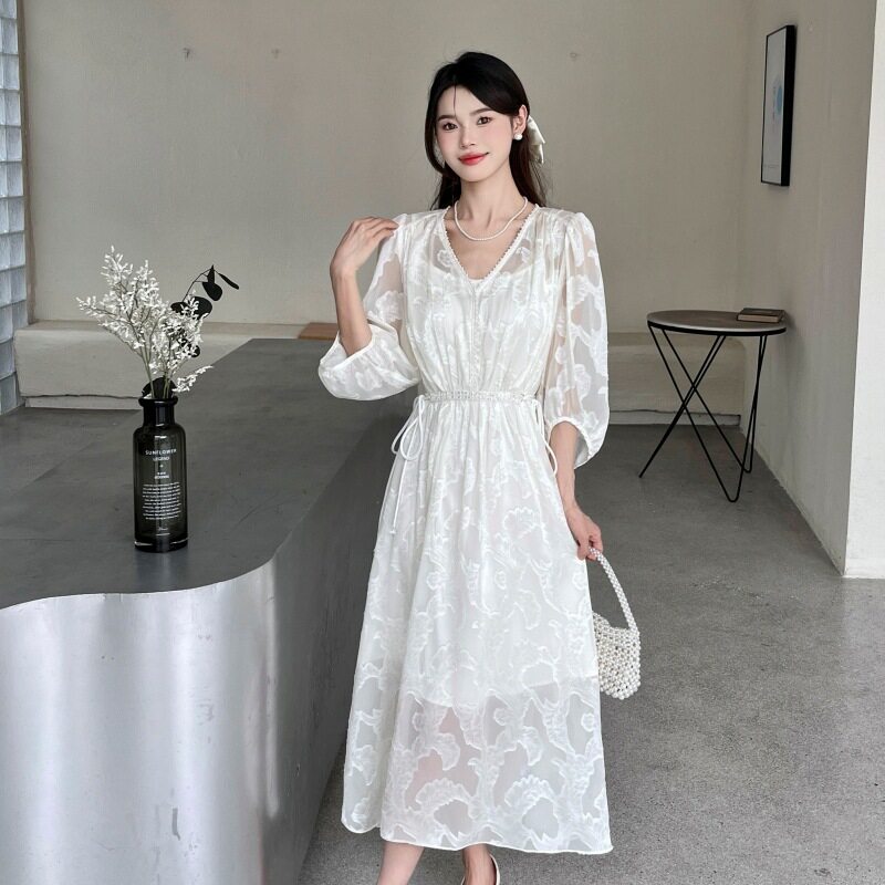 2024夏季新款V领中袖串珠重工提花内搭缎面吊带连衣裙两件套女