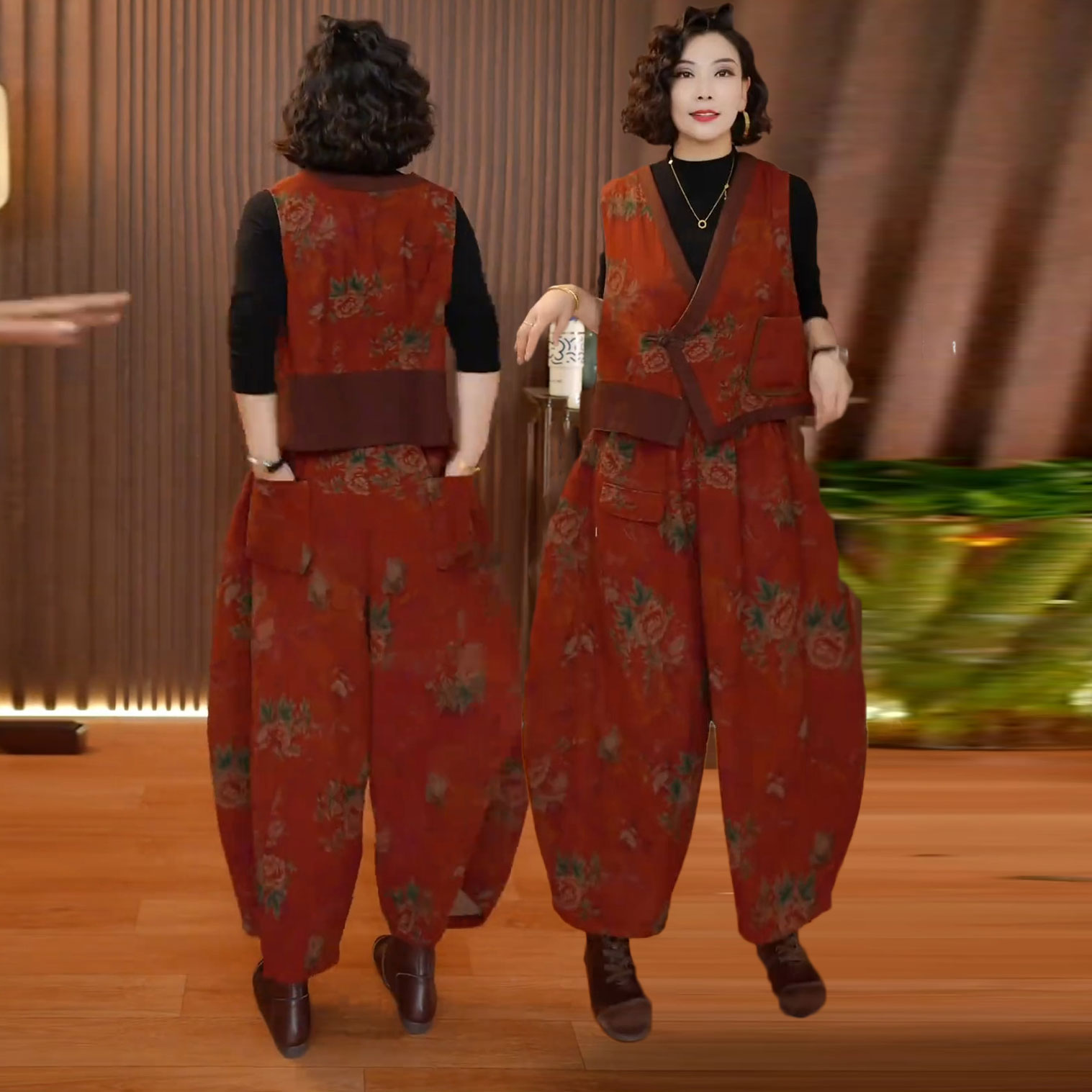 复古风东北大花马甲+气球哈伦裤套装女秋季显瘦遮肉休闲两件套潮
