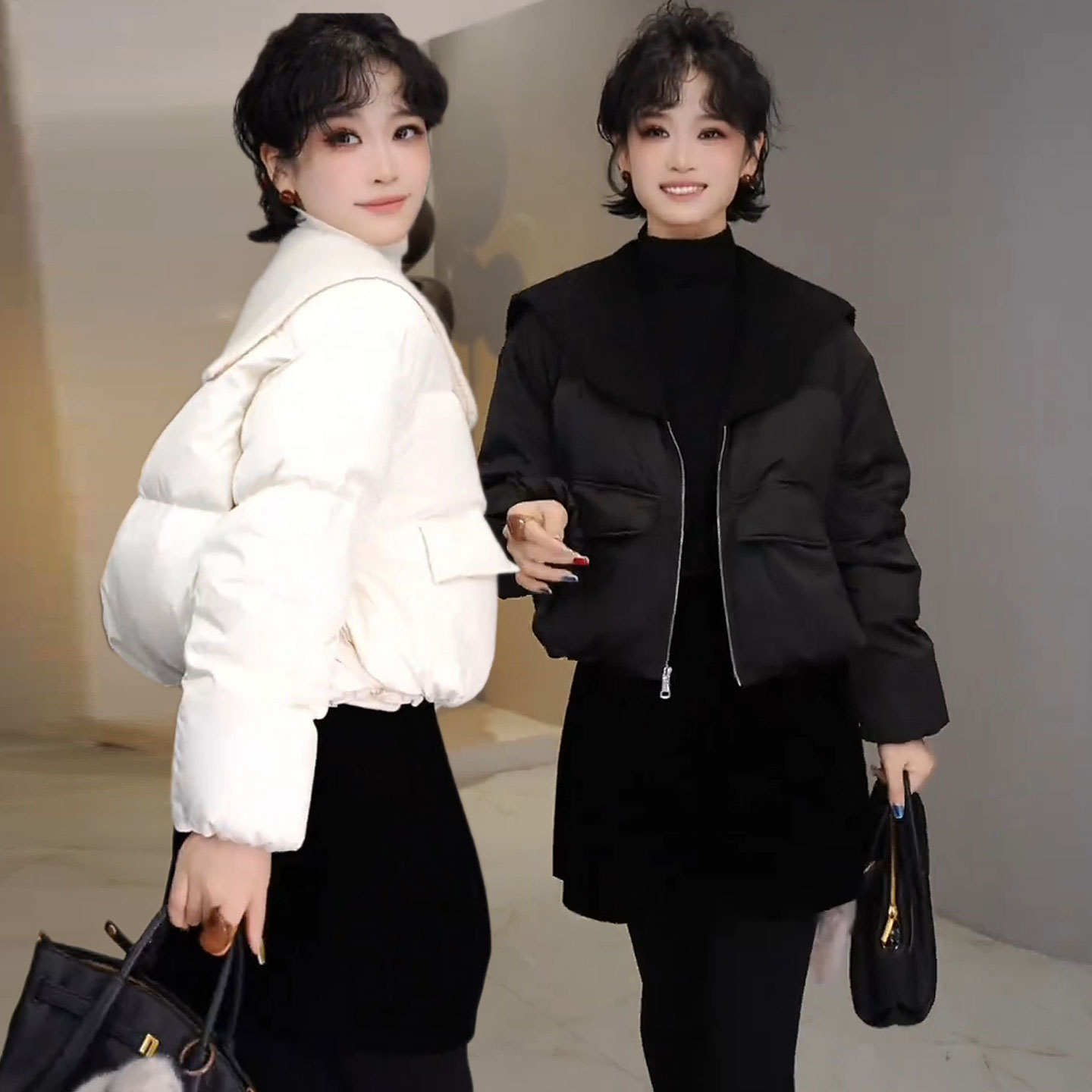 羊毛呢拼接海军领短款羽绒服