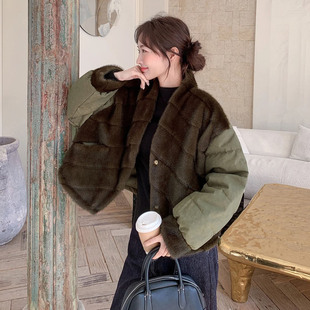 复古拼接仿水貂毛短款羽绒服女2026冬季新款白鸭绒保暖防皮草外套