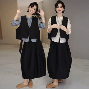 中式 马甲 3件套女秋装 立领国风衬衣 高腰半身两件套 新款 欧货时尚