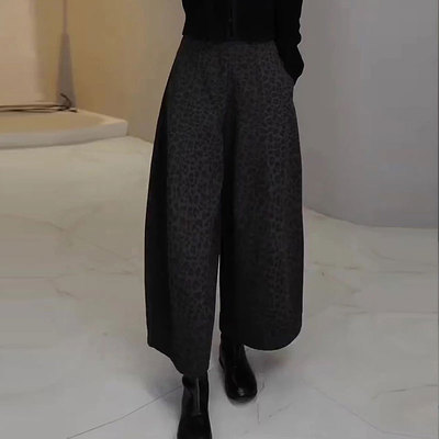 豹纹阔腿弯刀裤女秋冬加绒裤