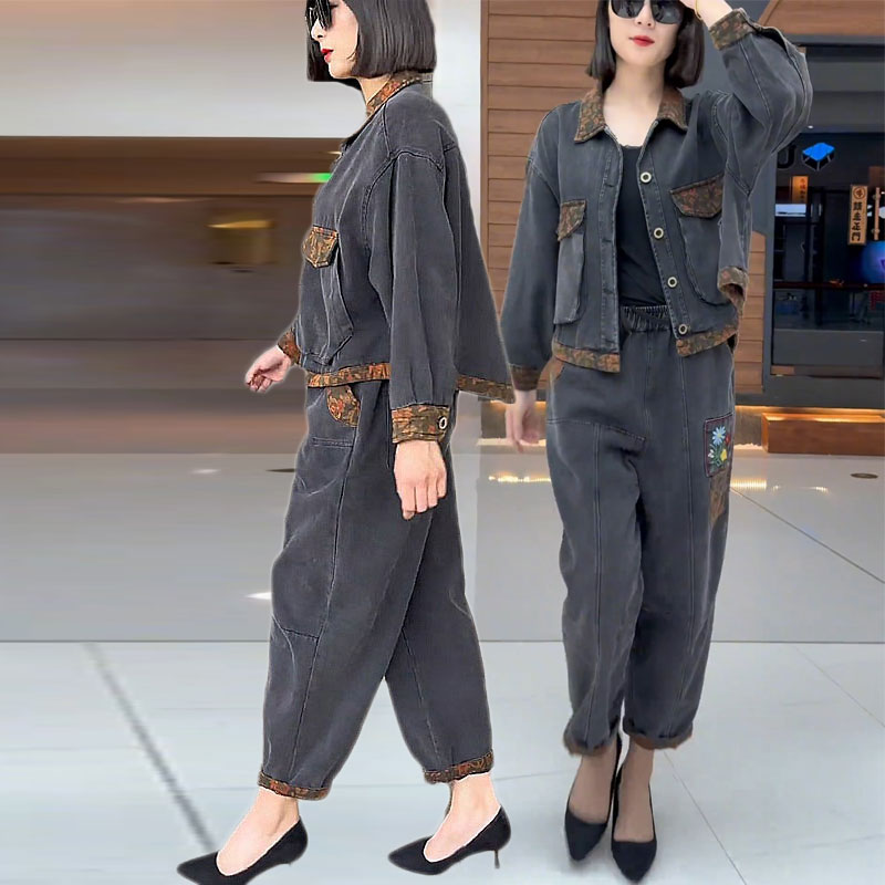秋装新款水洗牛仔外套哈伦裤两件套装刺绣百搭上衣九分牛仔裤套装