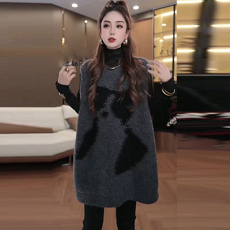 时尚中长款宽松印花针织无袖马甲女冬减龄百搭圆领叠穿打底针织衫