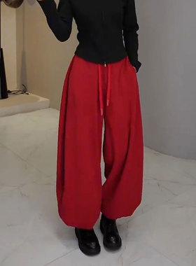 红色加绒裤子女秋冬2025新款今年流行爆款加厚弯刀裤阔腿运动卫裤