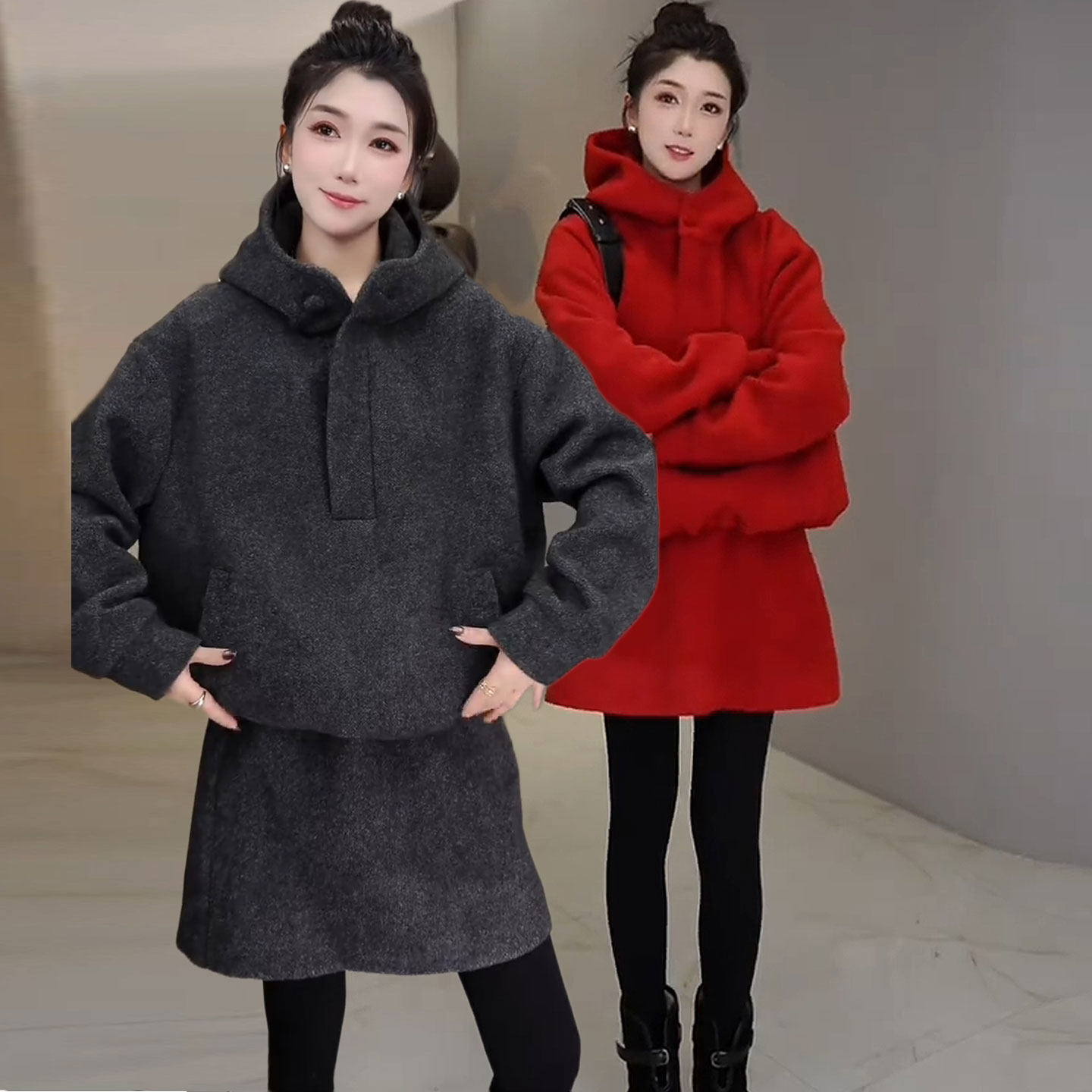 巨好看的冬装一整套韩系时尚搭配女红色毛呢连帽卫衣半身裙两件套,女装/女士精品,时尚套装,淘宝优惠券,粉丝福利购,淘宝优惠卷