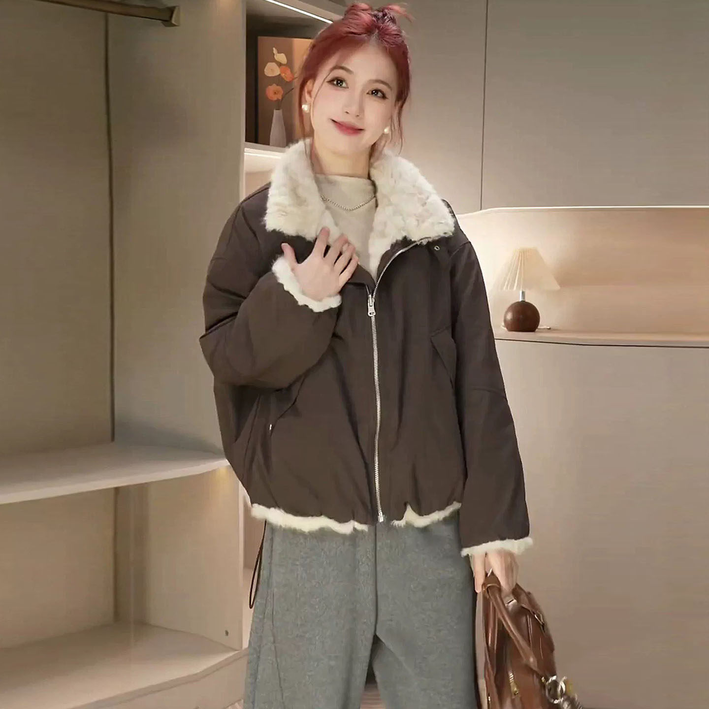 两面穿宽松保暖仿水貂派克服棉服