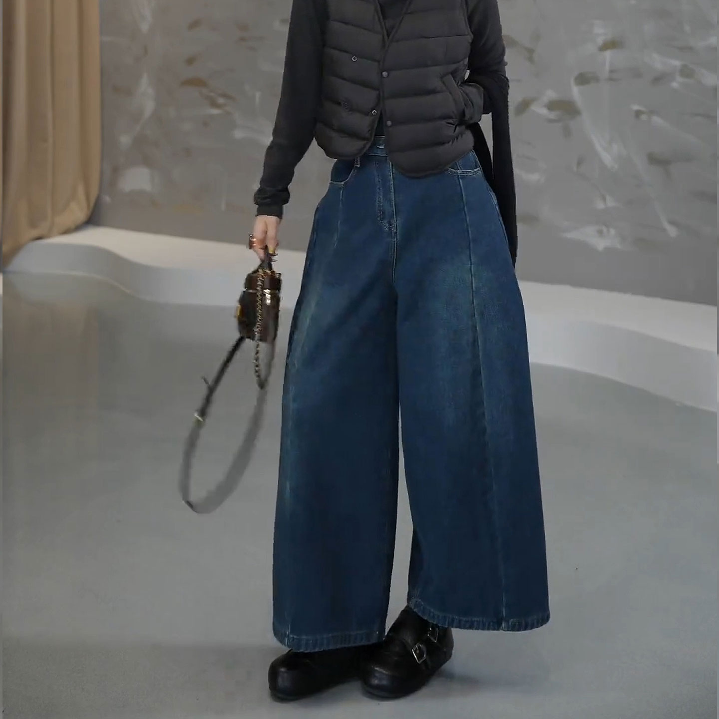美式高街牛仔阔腿裤女冬九分裤