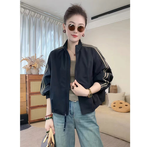 高级感条纹立领拉链短夹克女外套