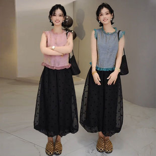两件套 时尚 减龄一套搭配女2025夏新款 木耳边上衣 高腰波点花苞裤