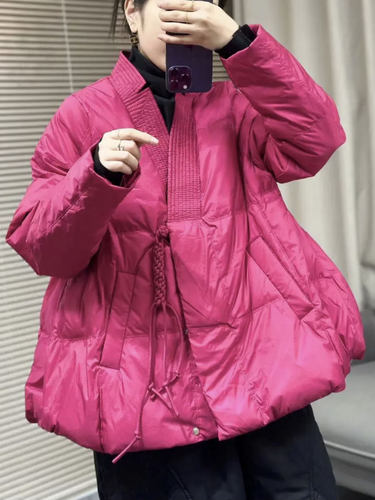 复古常规款V领盘扣羽绒棉服