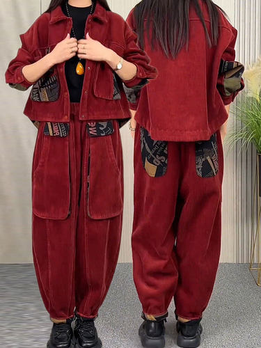 灯芯绒秋冬撞色两件套大口袋