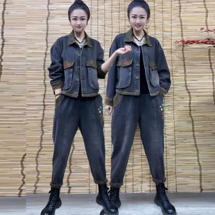 加棉加厚牛仔套装女2026秋冬新款短款牛仔外套+加绒牛仔裤两件套