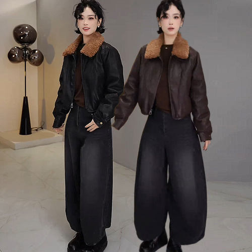 毛领羽绒服皮衣外套+加绒弯刀裤