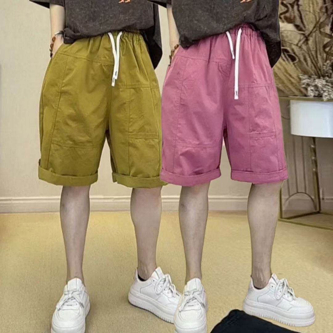 宽松大版休闲短裤五分裤潮流时尚糖果色拼接松紧腰直筒短裤夏季款
