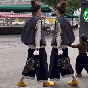 网红套装 2025超火三件套春装 休闲马甲蕾丝拼接条纹打底上衣牛仔裤