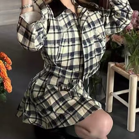 YOUNG STAGE学院风复古刺绣格子夹克皮领外套女高腰半身裙子套装