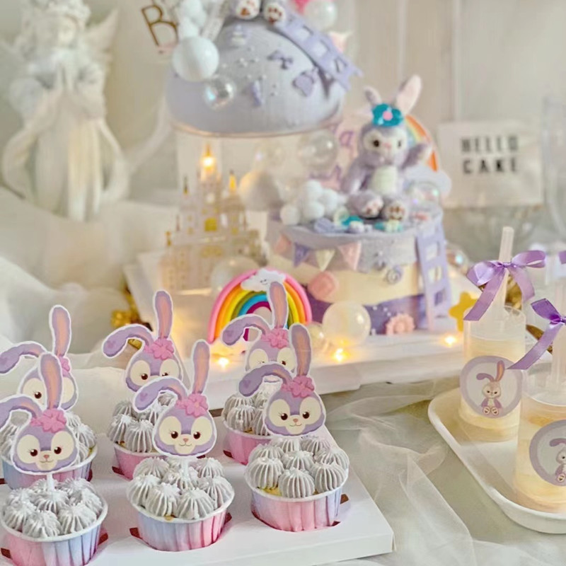紫色系兔子甜品台装饰插件蛋糕满月生日派对星黛露布丁瓶纸杯插牌