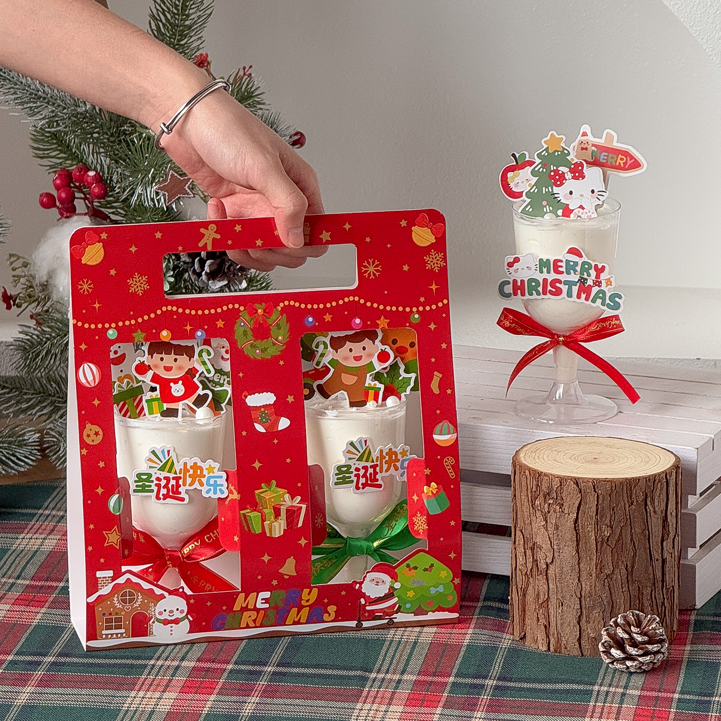 圣诞节酒杯蛋糕装饰包装盒手提盒圣诞高脚杯圣诞快乐丝带烘焙插件