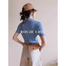 法国Rouje Chic简约蓝色polo领短袖t恤女夏季修身高级感针织上衣