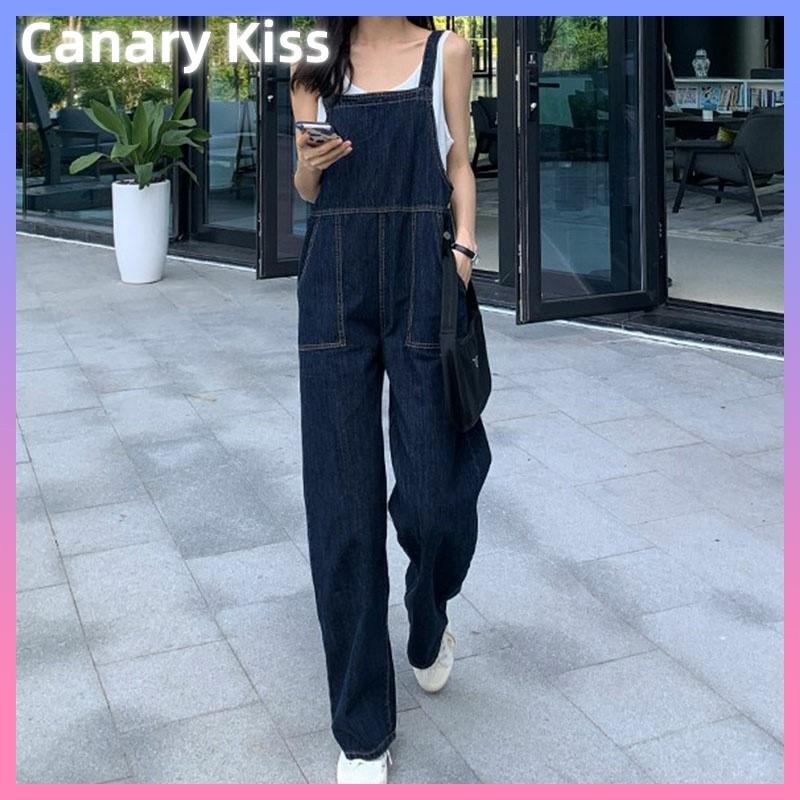 Canary Kiss高腰牛仔背带裤女显瘦春秋新款韩版宽松吊带阔腿裤子