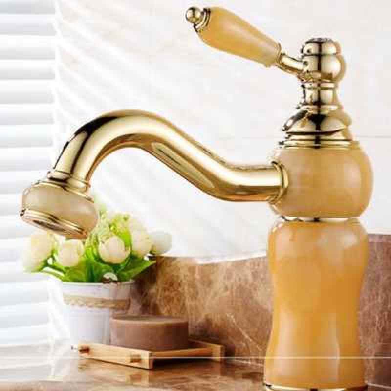 全铜仿古水龙头冷热 欧式金色面盆龙头 单孔台盆洗脸盆玉石水龙头