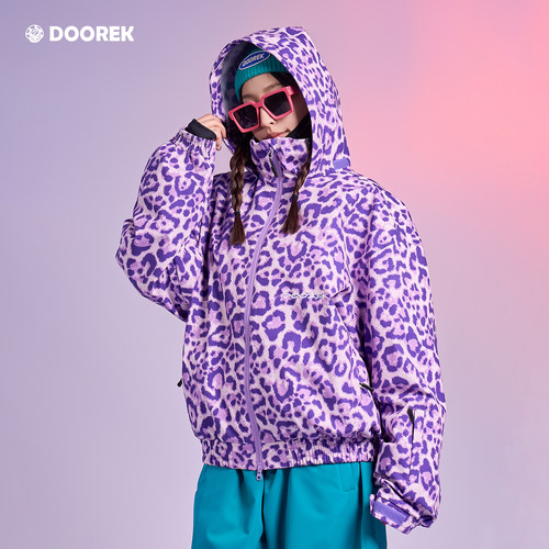 DOOREK新款浅紫豹纹滑雪服男女单板双板连帽防风防水滑雪衣裤保暖