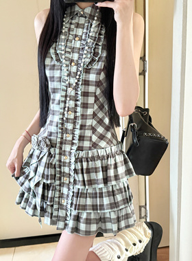 茉莉白jasmine原创设计复古格子 薄荷生巧 无袖连衣裙