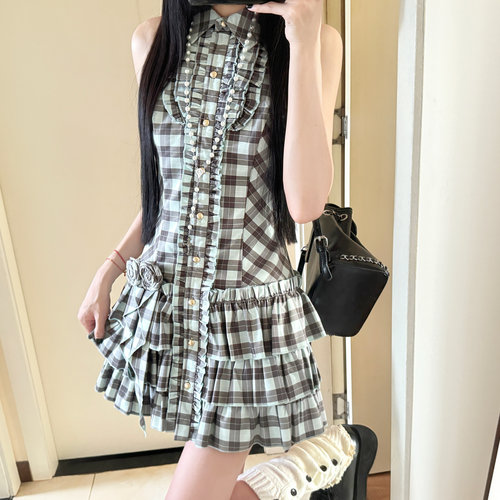 茉莉白jasmine原创设计复古格子 薄荷生巧 无袖连衣裙