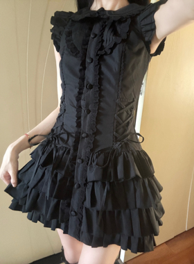 茉莉白jasmine 纯黑色“少女心事 ”古早甜美连衣裙