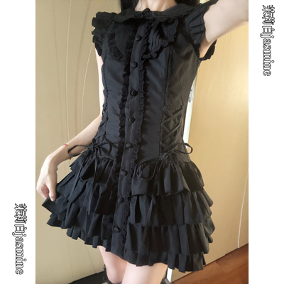 茉莉白jasmine 纯黑色“少女心事 ”古早甜美连衣裙