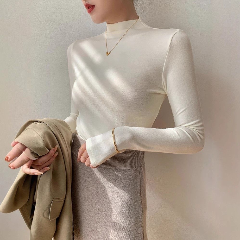 莫代尔黑色半高领打底衫女春秋内搭修身面膜长袖t恤中领薄款上衣