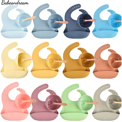 3Pcs Baby Silicone Bibs+Dinner Plate Bowl+Spoon Dishes Set S