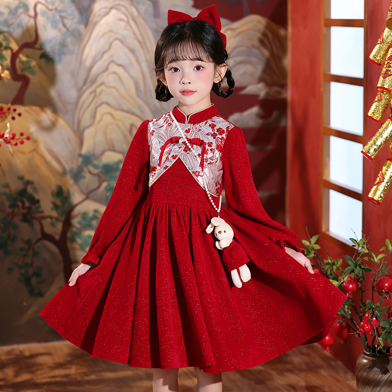 女童旗袍2025新款秋冬长袖连衣裙