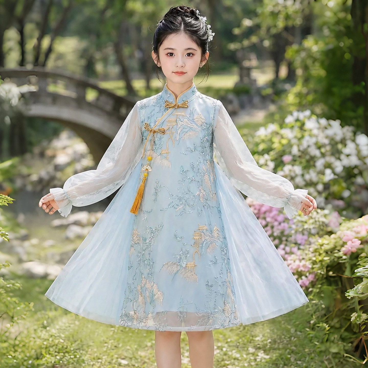 女童新中式旗袍连衣裙春秋长袖古风刺绣立领汉服小女孩古筝演出服
