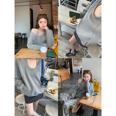 CHANGINGREAL灰色挂脖卫衣套装