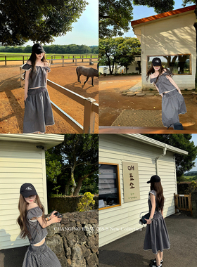 CHANGING REAL 田园遐想 小飞袖一字肩两穿格子套装花边两件套
