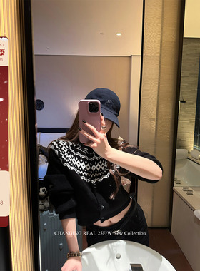 CHANGING REAL 佩里画廊 黑白撞色费尔岛毛衣女短款针织开衫外套