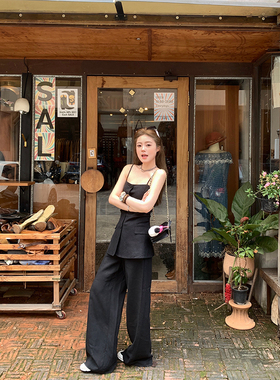 CHANGING REAL 柏林棱线 黑色亚麻显瘦套装女吊带上衣阔腿长裤女