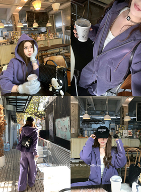 CHANGING REAL 冷雾紫藤 紫色加绒连帽卫衣女加厚阔腿卫裤套装冬